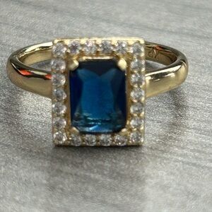 Size 7.5 Blue Emerald-Cut Ring | 18K Gold Filled | AAA CZ Halo Statement Ring